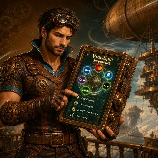 Ironclad adventurer adjusts VinciSpin payment device showing fast deposits on brass almanac display